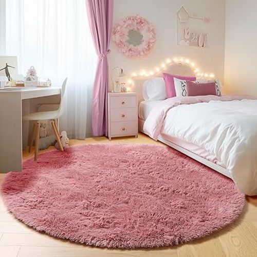 ONASAR Blush Round Area Rugs 5ft, Soft Bedroom Circle Rug Mats for Kids Girls Teen Room, Fluffy Plush Shaggy Carpet for Dorm Nursery Living Room Playroom Home Decor Princess Castle