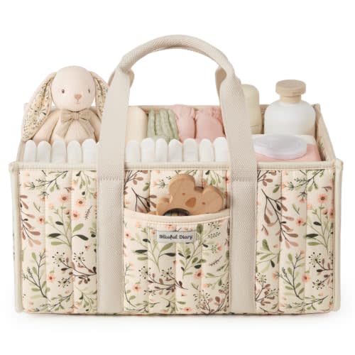 Blissful Diary Baby Diaper Caddy Organizer, Nursery Storage, Ditsy Daisy | Floral Quilted Baby Basket with Removable Dividers, Gift for Baby Shower, Newborn Essentials, Baby Registry Must Have