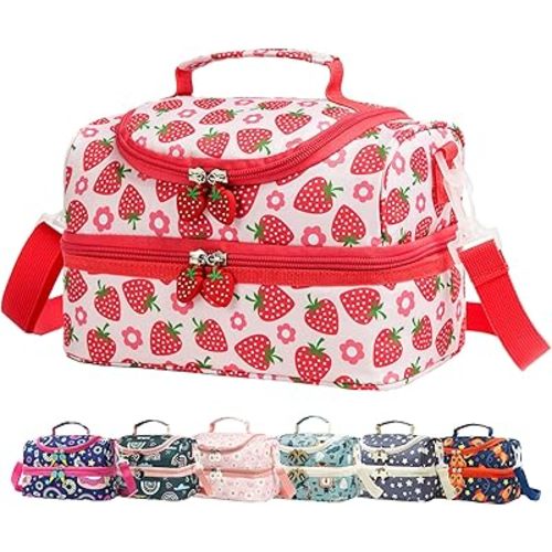 Insulated Kids Dual Compartment Lunch Bags Tote for Girls Boys Toddler Lunch Boxes Pre-School Toddler Kindergarten Picnic Camp Food Cooler Thermal with Strap (Bright Strawberry)