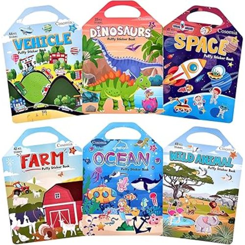 6 Set (260pcs) Puffy Sticker Books Activity for Kids, Animal, Farm, Dinosaurs, Space, Vehicle, Ocean, 3D Reusable Stickers for Boys and Girls, Travel Sticker Books for Kids Ages 3+