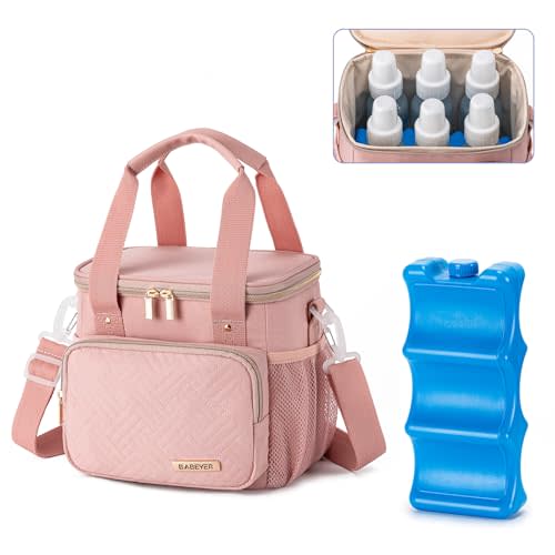 BABEYER Breastmilk Cooler Bag with Ice Pack Fits 6 Baby Bottles up to 9 Ounce, Breast Milk Pump Cooler Bag for Nursing Mom Daycare, Work, Travel-Pink