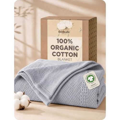 Bedsure 100% Certified Organic Cotton Blanket - Queen Size, Soft & Breathable Luxury Blankets for Bed, All Seasons Waffle & Herringbone PureWoven Textured Thermal Blanket for Adults, Kids, Grey