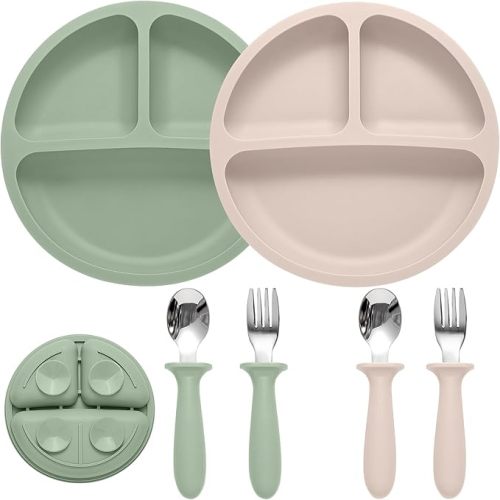 Eascrozn Baby Feeding Set, 2 Pack Silicone Baby Plates with Suction, 2 Pack Spoons and Forks Set for Toddler Utensils, BPA Free, Baby Led Weaning Supplies for Eating Essentials