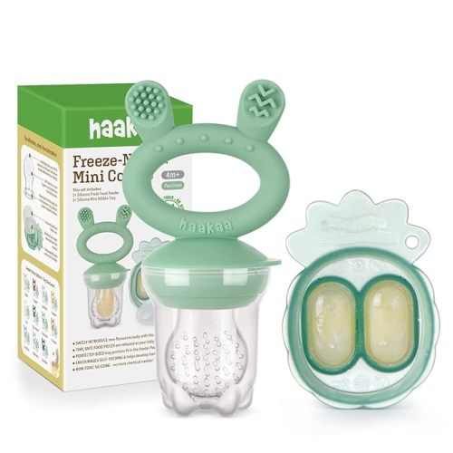 Haakaa Baby Fruit Food Feeder & Mini Freezer Nibble Tray Combo, Breastmilk Popsicle Molds for Baby Cooling Relief, BPA Free Silicone Feeder for Safe Infant Self Feeding, 4 Month+ (Pea Green)