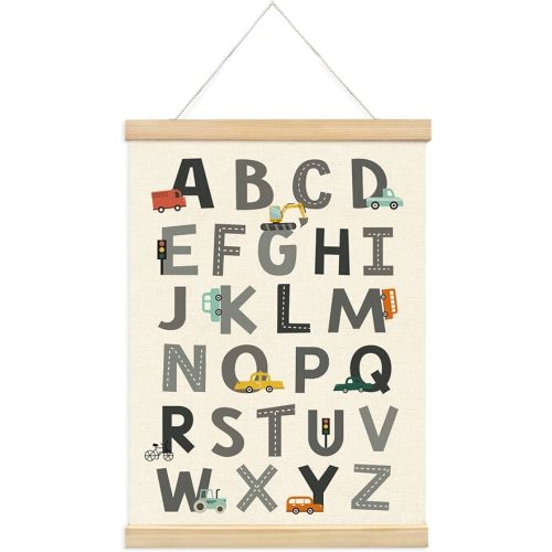 XYDEG Transportation Car Alphabet Numbers Poster Hanger Frame,Baby Boy Nursery Playroom Wall Decor, Nursery Decor,ABC Banner Poster Wall Art with Wooden Frames,Banner Wall Hanging for Toddler 12x16