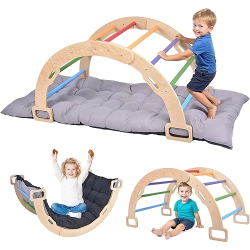 BIERUM Climbing Arch for Toddler - Montessori Arch Rocker Indoor, Wooden Climber Toys, Pikler Triangle Climber Arch Rocker with Two-Color Soft Cushion, Rainbow