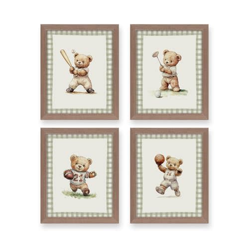 heilkee Teddy Bear Nursery Decor Vintage Sports Wall Art for Boys Bedroom Toddler Boy Gifts Golf Football Baseball Basketball Set of 4(Brown Framed, 8x10in)