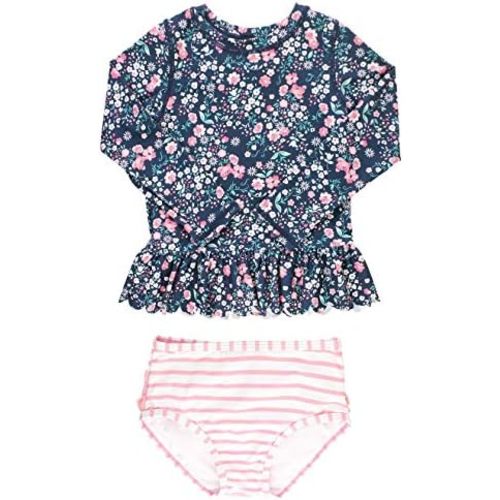 RuffleButts Baby/Toddler Girls Scalloped Long Sleeve Rash Guard 2-Piece UPF50+ Sun Protected Swimsuit