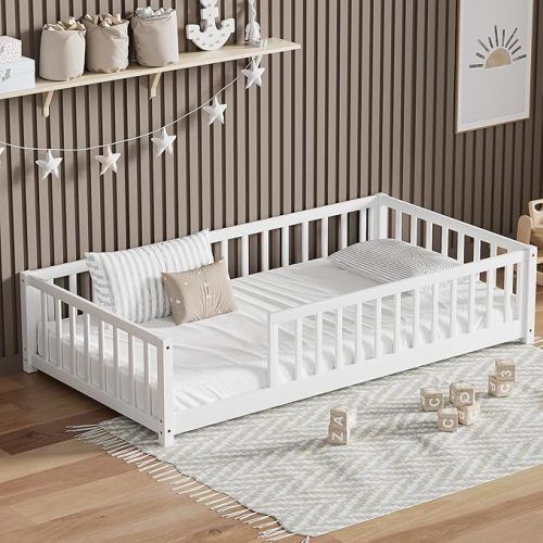 LLS Twin Floor Bed for Kids Solid Wood Montessori Bed Frame with Safety Guardrails Multifunctional Montessori Floor Bed for Toddlers, Without Door, Easy Assemble, White
