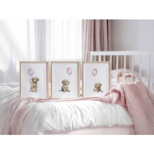 GOLDEN RETRIEVER Nursery Prints, Golden Retriever with Pink Balloons Nursery Print Set, Set of 3 Pink Puppy Nursery Decor for Baby Girl GR01