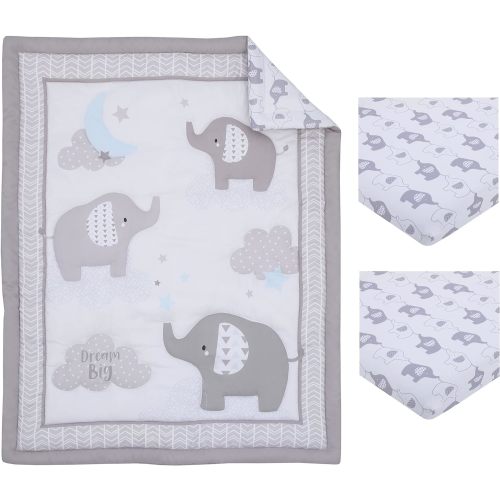 Little Love by NoJo Elephant Stroll Dream Big Clouds and Stars with Chevron Border 3 Piece Nursery Mini Crib Bedding Set - Comforter, and Two Fitted Mini Crib Sheets