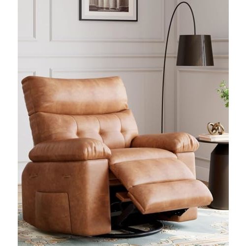 GarveeHome 360° Swivel Rocking Recliner Chair, Oversized PU Leather Reclining Nursery Rockers with Heat & Massage, Rocker Recliner Chair with Pull Handle, Silla Mecedora