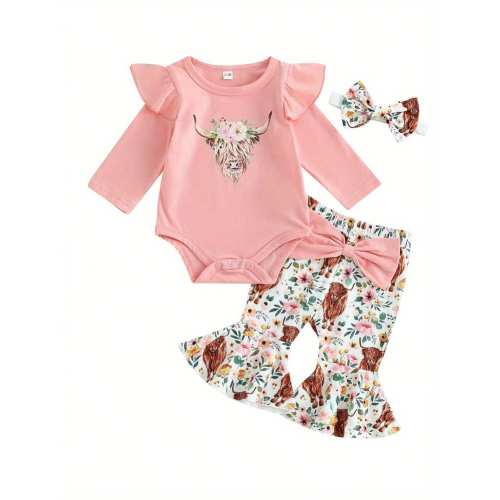 Western Baby Girl Fall Clothes Highland Cow Print Long Sleeve Ruffle Romper Bell Bottoms Flared Pants Sets Headband 3Pcs Cowgirl Outfits | SHEIN USA