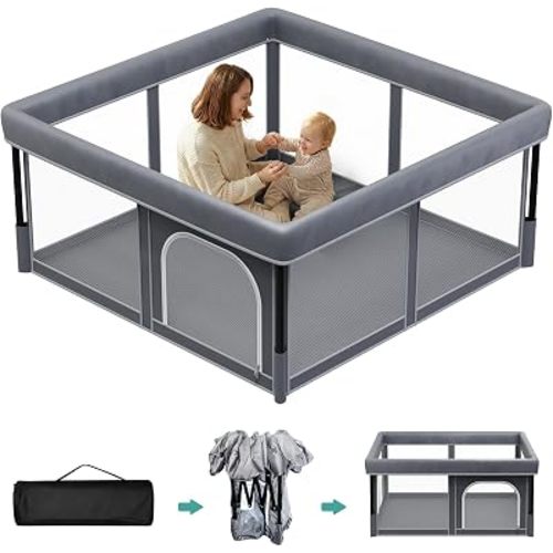 Foldable Baby Playpen, 48"×48" Play Yard for Toddlers, Portable & Collapsible Playpen with Gate, ASTM & CPSC Certified, Skin-Friendly & Breathable Mesh, Ideal for Indoor & Outdoor Use with Bag