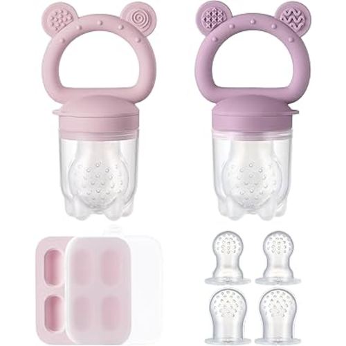 2 Pack Silicone Baby Fruit Feeder with Mini Freezer Tray, Breastmilk Popsicle Molds for Infant Teething Relief, Baby Teethers, Fresh Food Feeder for Safe Infant Self Feeding - Purple