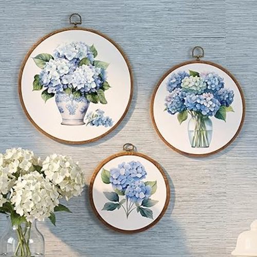 Fiwochic 3 Pcs Round Hydrangea Wall Decor Boho Vintage Flowers Wall Artwork Spring Floral House Artwork Flowers Painting Canva Print Framed Art Farmhouse Nature Hanging Boho Decor for Bedroom
