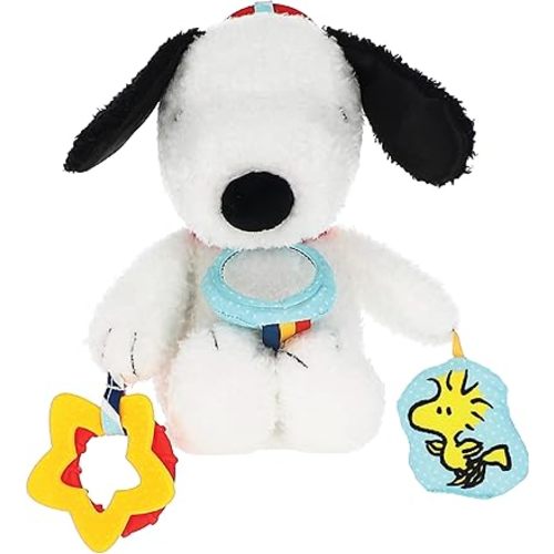 Kids Preferred Peanuts Snoopy Activity Toy - Jingle, Mirror, Teethers, Crinkle, Ribbons, Crinkle, Satin Accents, Soft Plush, On-The-Go Clip, 12 in