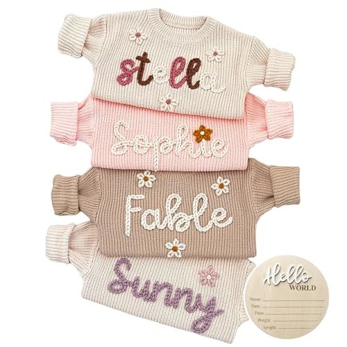 NAZENTI Personalized Baby Sweater, Custom Baby Name Sweater for Newborn with Hand-Embroidery & Monogrammed, Infant Pullover, Gifts for Toddler Boy Girl Birthday Christmas BabyShower