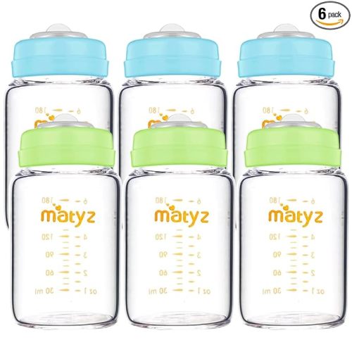 Matyz Glass Breastmilk Storage Bottles, 6 Pack, 6 oz, Sturdy Glass Bottle for Milk Freezing and Baby Feeding - Pumping Bottle for Philips Medela Spectra Breast Pumps - No BPA (3 Green & 3 Blue Lids)
