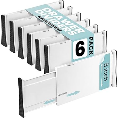 RAPTUROUS Adjustable Drawer Dividers, 8" Tall, Expandable 13.35-22", 6-Pack, Non-Slip for Deep Drawers in Kitchen, Bedroom, and Closet (White)