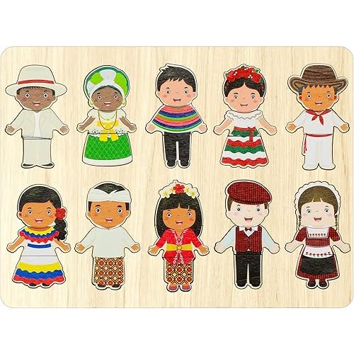 Kathfly Wooden Multicultural Doll Puzzles for Kids Interchangeable Dress Up Diversity Wood Peg Puzzles for Preschool World
