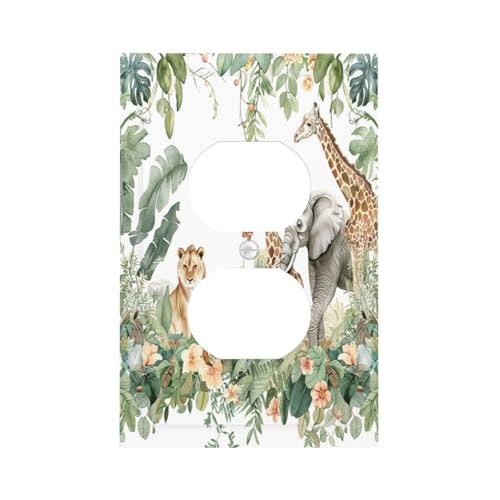 Ihsourgnitnem Outlet Covers Tropical Leves And Safari Animals 1 Gang Duplex Light Switch Cover Decorative Switch Plates Electrical Receptacle Faceplate Wall Plate For Nursery Kids Room Decor