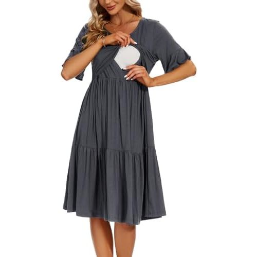 Smallshow Women's Maternity Nursing Dress Ruffle Short Sleeve Breastfeeding Clothes