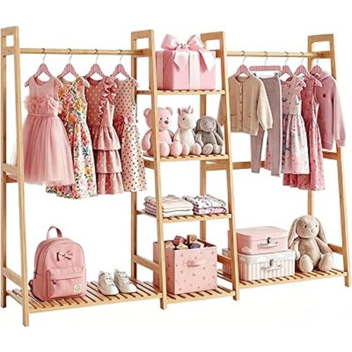 BAMBOOHOMIE Kids Clothing Rack with Shelves, Bamboo Clothes Garment Rack for Kids Child Baby, Kids Dress Up Storage Rack with Top Shelf, Toddlers Wardrobe Closet for Nursery (Large Size)