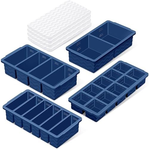 Silicone Freezer Trays with Lid (4-Pack), 1-Cup, 2-Cup, 1/2-Cup & 2-Tbsp Silicone Freezer Molds, Stackable Soup Freezer Meal Prep Containers,Ice Cube Tray for Making Sauce,Smoothies,Yogurt Bites