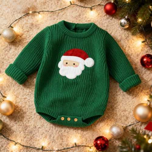 Baby Christmas Green Romper, Newborn Holiday Bodysuit, Santa Knit Outfit, First Christmas Gifts