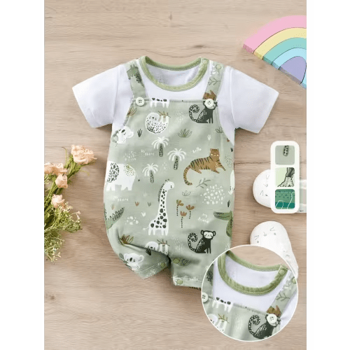 infants cartoon zoo animal print two piece bodysuit - Temu