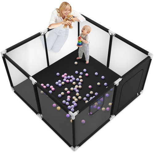 Baby Playpen, Kids Large Folding Play Yard, Portable 4-Panel Safety Playpen for Infant Toddler, Black
