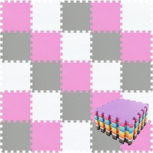 qqpp EVA Rubber 18 Tiles Interlocking Puzzle Foam Floor Mats - Baby Play Mat for Playing | Exercise Mat for Home Workout. White, Pink, Gray. QC-ACLb18N