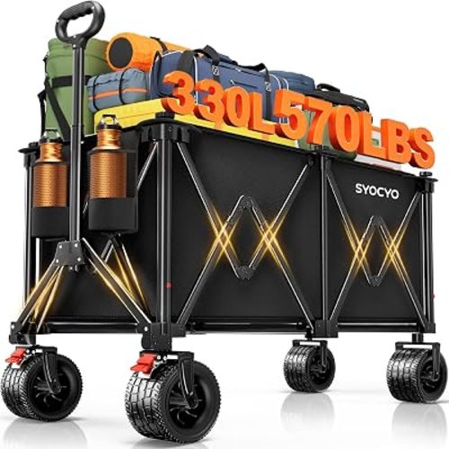 Beach Wagon Carts Foldable 570LBS Collapsible Wagon with Big All-Terrain Wheels for Sand 330L Heavy Duty Utility Carts with Cup Holders for Garden, Camping, Grocery, Black