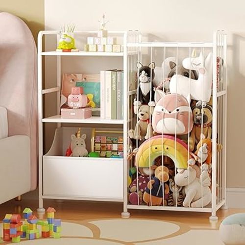 BBLIKE Stuffed Animal Storage - Stuffed Animal Net with Kids Bookshelf and Toy Organizer, 2-Tier White Bookshelf with Stuffed Animal Holder and Fabric Toy Chest for Kids Room, Playroom, Nursery, Pink