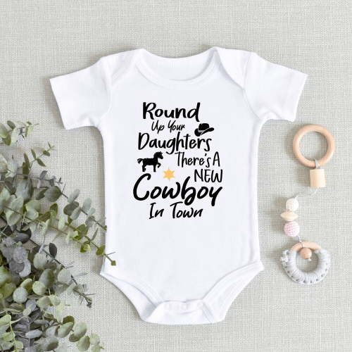Bella Canvas with Cowboy, Little Cowboy, Round Up Your Daughters, First Rodeo, Country Farm Baby Boy Shower Gift Cute Baby Boy or Girl Bodysuit Gift