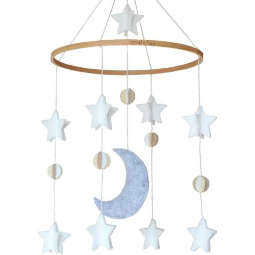 Baby Crib Mobile – Wooden Hanging Nursery Baby Mobile for Crib, Nursery Decor for Boys & Girls, Perfect Shower Gift, Moon & Stars (Grey, White & Cream) Also Fits Bassinets, Sorrel + Fern