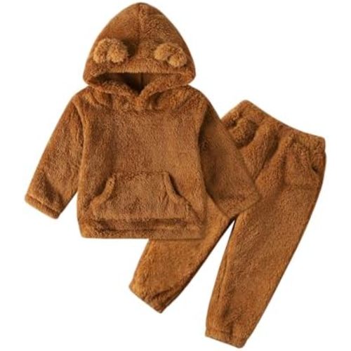 Toddler Baby Fleece Set Bear Hoodie with Ears Fuzzy Winter Sweatsuit Warm Hooded Sweatshirt & Sweatpants for Boys Girls