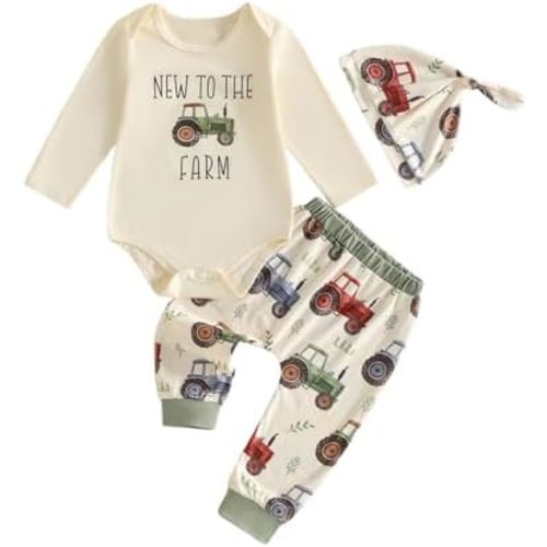 Bagilaanoe Newborn Baby Boy Outfit Fall Winter Clothes Farm Tractor Long Sleeve Romper Long Pants Hat Set