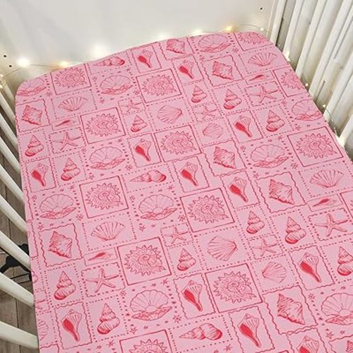 Pink Seashells Baby Crib Sheets for Boy Girl 52"x28" Boho Beach Conch Soft Stretchy Fitted Crib Mattress Covers Pastel Summer Coastal Nursery Baby Sheet for Standard Crib & Toddler Mattress Pad