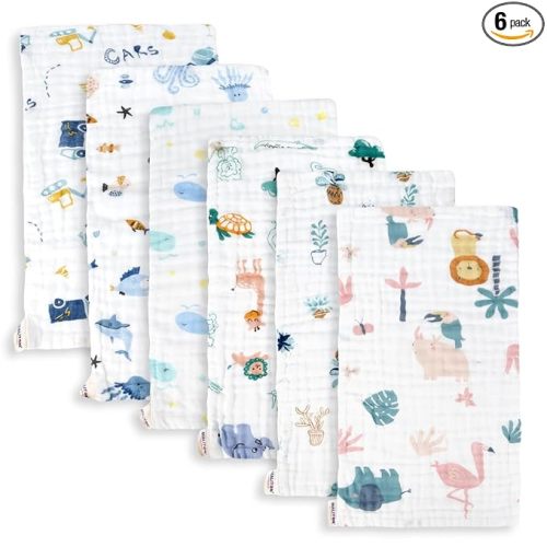 Maliton Muslin Baby Burp Cloths 6 Pack Large 20''x10'' 100% Cotton Burp Rags Absorbent and Soft 6 Layers Muslin Cloth Baby Essentials for Newborn(Animals and Cars, Pack of 6)