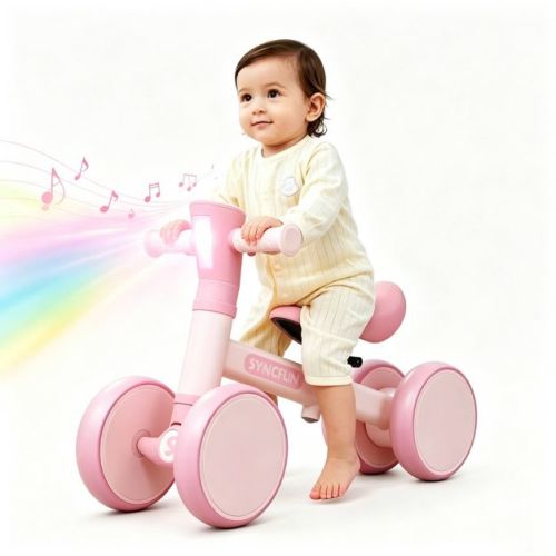 Joyfy Pink Baby Balance Bike with LED Light and Music for Boys Girls Aged 1 2 3, 4 Wheels Baby First Bike Adjustable Baby Walker Bike Gift for Kids