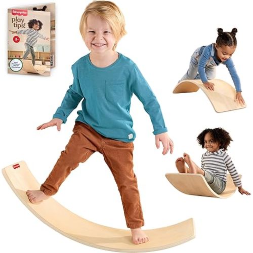 Fisher-Price Wood Montessori Toy Rockin' Balance Board, American Montessori Society Seal of Excellence, 31.7-Inch Wooden Motor Skills Learning Activity for Kids Ages 3+ Years