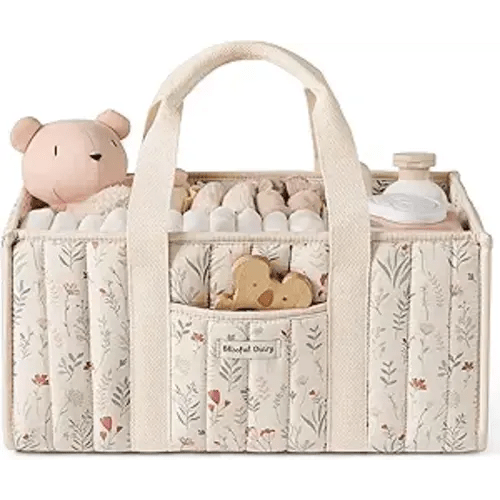 Blissful Diary Floral Diaper Caddy Organizer, Stylish Nursery Storage Basket, Gift for Baby Shower, Newborn Essentials, Floral Beige