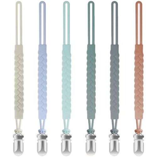 TenderBabe Silicone Pacifier Clip for Baby Boys and Girls, Pack of 6 Soft Flexible Paci Binky Clips with One-Piece Braided-Style Design,BPA-Free Newborn Essentials