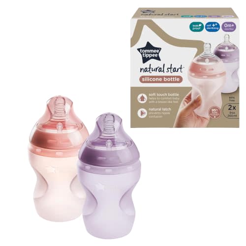 Tommee Tippee Natural Start Anti Colic 9 oz BPA Free Silicone Baby Bottles, 0+ Months, Silicone Feels Like Mother's Skin, Slow Flow Breast-Like Nipple, Pink and Purple, Pack of 2 | Pack of 2, Silicone, Slow Flow Breast-Like Nipple, Pink & Purple, BPA Free