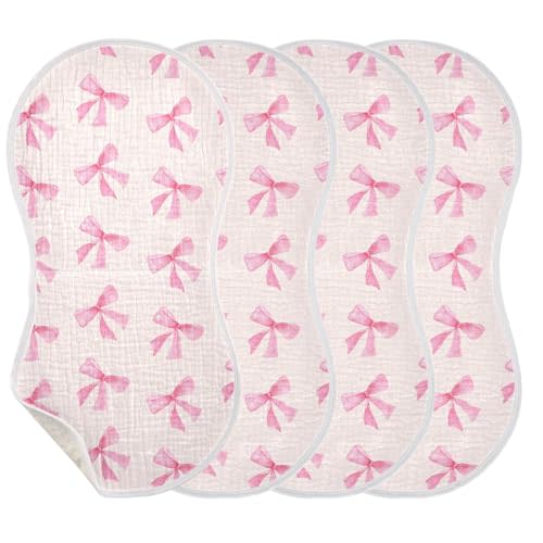 Burbuja Pink Bow Muslin Baby Burp Cloths, Soft & Absorbent Cotton Burping Rags for Newborn Boys & Girls, 4 Pack