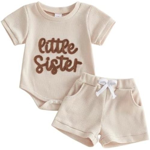 Newborn Baby Girl Summer Outfit Romper Little Sister Lil Sis Embroidery Jumpsuit Tops Shorts Infant Waffle Clothes