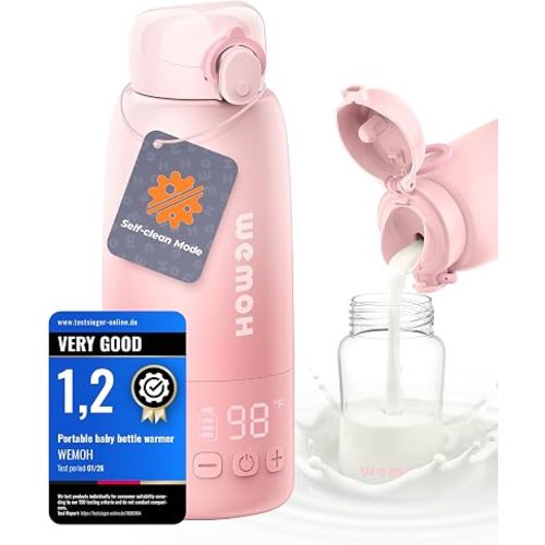 Portable Milk Warmer with Self-Clean Function, 110W Fast Heating for Breast Milk & Formula, 16oz Large Capacity Travel Bottle Warmer, USB-C Fast Charge, Ideal for Hiking, Flights & Car Use, Pink