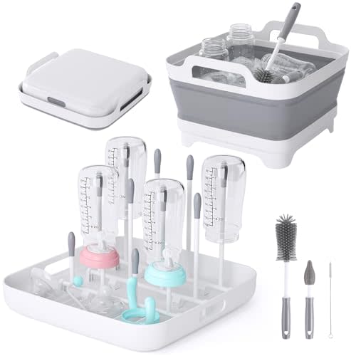 Collapsible Wash Basin for Baby Bottles - Portable 2.4 Gallon Dish Tub with Drying Rack & Lid, Foldable Sink for Camping, Outdoor Space-Saving Tub for Kitchen, RV, Camping, Outdoor Use